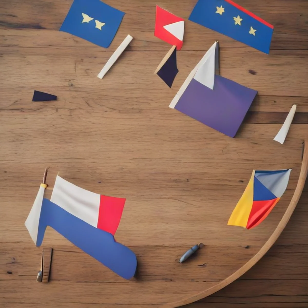 Diplomatischer Konferenztisch mit EU-Symbolen