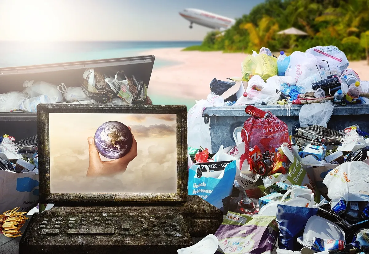 garbage, paradise, sun, plane, mullberg, plastic waste, computer, climate change, environment, environmental protection, save, earth, to protect, global warming