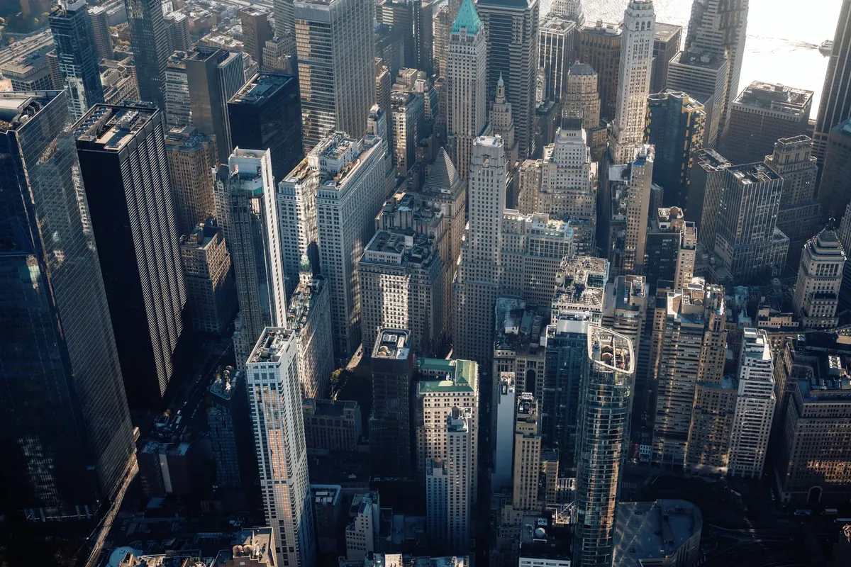 Aerial view capturing the intricate skyline of New York City, showcasing its iconic skyscrapers.